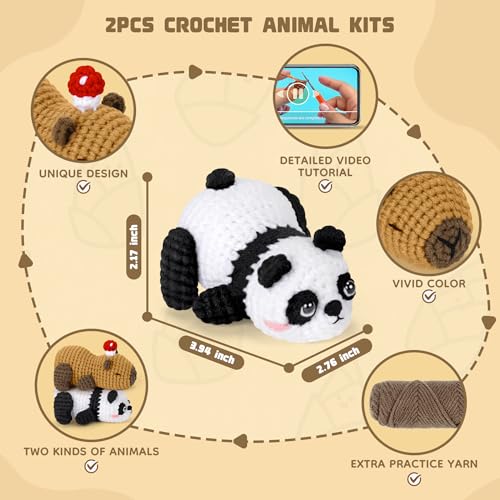 Crochet Kit for Beginners, Panda & Capybara Crochet Animal Kits | Easy Crochet Kit for Adults, Complete Knitting Kit w/ Step-by-Step Video Tutorials, Crochet Gifts - color: White and Brown