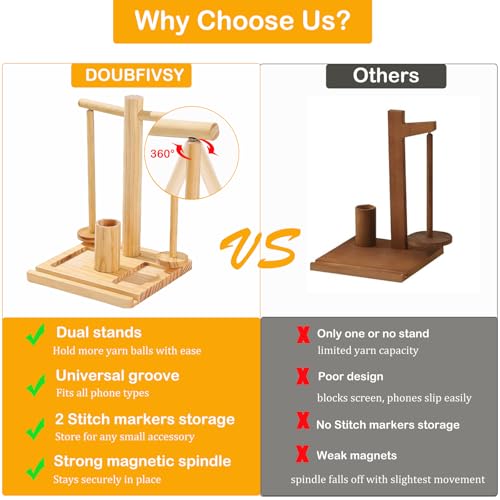 DOUBFIVSY Wooden Yarn Holder for Crocheting and Knitting, Magnetic Rotating Yarn Spinner with 2 Spindles, Phone Holder, Needle Storage, Crochet Gift for Knitting Lovers, Women Grandma Mother (Natural) - color: Natural