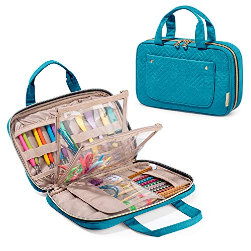 Yarwo Knitting Needles Case, Crochet Hooks Organizer with 2 Clear Pouches | Circular Needles Holder for Ergonomic Crochet Hook (up to 10.6") and Craft Yarn Kits, Top Handles, Bag Only, Teal - color: Teal