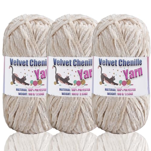 3 * 100g Fluffy Velvet Chenille Yarn for Crocheting and Knitting, Handcrafts Weaving Soft Chenille Yarn for Crocheting Clearance, Used for Making Baby Yarn Blanket, Clothes (3 - Milk White) - color: 3 - Milk White