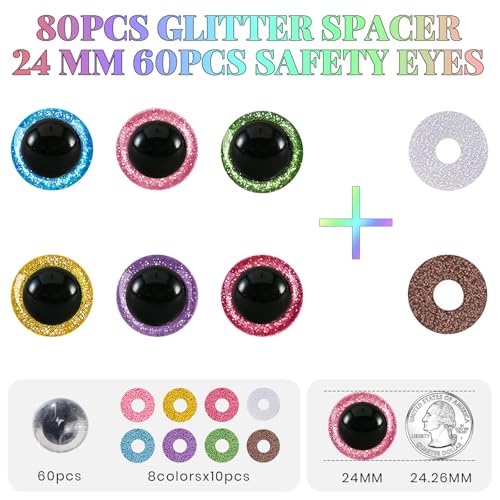 MUCUNNIA 60pcs 24mm Safety Eyes for Amigurumi Glitter Plastic Safety Eyes for Crochet with Washers Craft Crochet Eyes Doll Eyes for Crochet Animals Plush Stuffed Animals DIY Christmas Decorations - size: 24mm