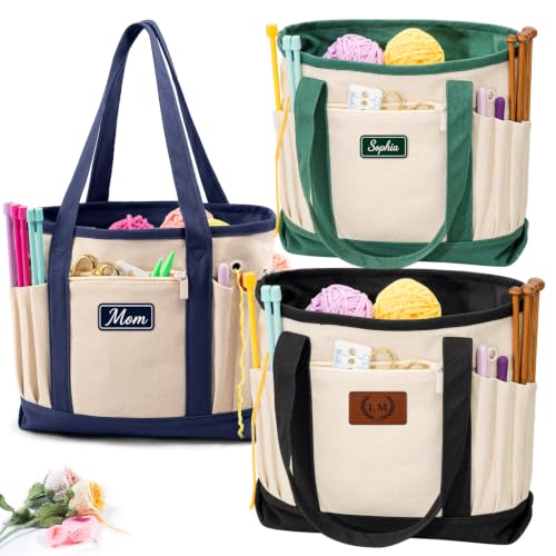 Personalized Crochet Bag with Custom Leather Patch or Embroidered Name, Canvas Knitting Tote for Yarn Storage, Crochet Organizer with Multiple Pockets, Custom Gift for Crocheters & Knitters - color: Nature-Black, size: Make it Personal
