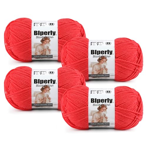 Skinny Chenille Yarn for Crocheting, #2 Red Thin Baby Blanket Plush Yarn | 4 Pack of 158 Yds, 1.7 Oz Sport Fingering Weight Fine Yarn, Soft Fluffy Velvet Yarn for Crochet knitting Blankets, Amigurumi - color: Red