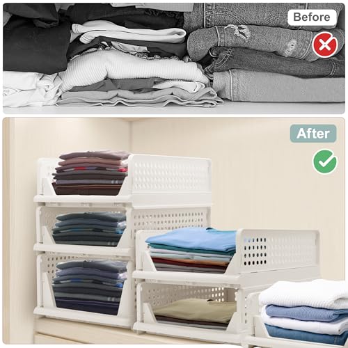 Goderewild Stackable Foldable Storage Baskets, Folding Storage Bins, Closet Organizers and Plastic Drawer Shelf Storage Container for Wardrobe, Cupboard, Kitchen, Bathroom, Office (White, 4S) - size: 4S