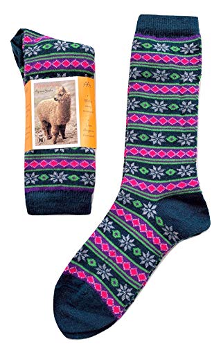 Alpaca Wool Designer Novelty Crew socks are Cozy, Warm and Colorful - Starry Stripe - color: Teal, size: Medium