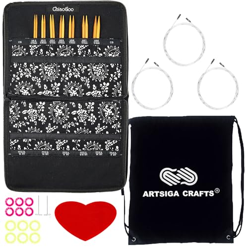 ChiaoGoo Spin Bamboo 4-inch Small 2400-S Interchangeable Set | US 2, 3, 4, 5, 6, 7, 8, Circular Knitting Needles, Stainless Steel Join, 3 Swiv360 Cables, Project Bag