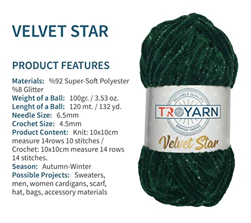 TROYARN Velvet Star, Silvery Glitter Chenille Baby Blanket Yarn Amigurumi Yarn for Crocheting and Knitting Super Bulky 100 gr (120 yds) Length: 110 m (10402 - Cream, 1 Skein) - color: 10402 - Cream, size: 1 Skein