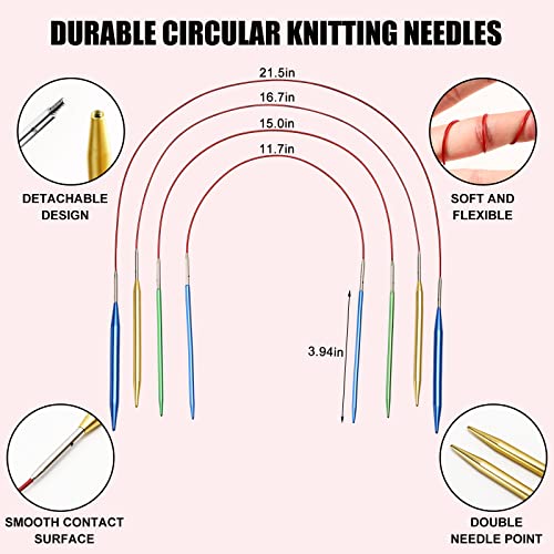 57 PCS Knitting & Crochet Kit, Aluminum Circular Knitting Needles Set 3.0mm–10.0mm with 4 Flexible Cables, Crochet Hooks & Accessories, Beginner Craft Starter Kit with Storage Case - color: Rose Red