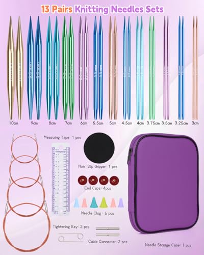 Aeelike 13 Pair Interchangeable Circular Knitting Needles 3-10 mm, Purple | Aluminum Interchangeable Knitting Needles with 4 Cables, Smooth Complete Needles Set for Socks Blankets Sweaters, Ideal Gift - color: Purple