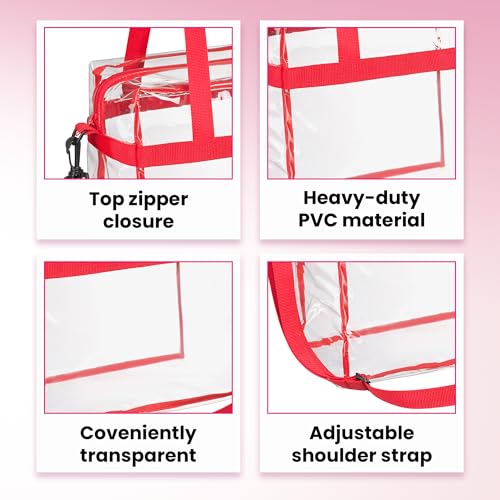 Handy Laundry Clear Bag 12x6x12 Stadium Approved Tote, Zipper Strap | PVC Clear Stadium Tote, Zipper Top, Shoulder Straps, 12x6x12 Meets Tournament Guidelines, for Concerts Work Sports - color: Red