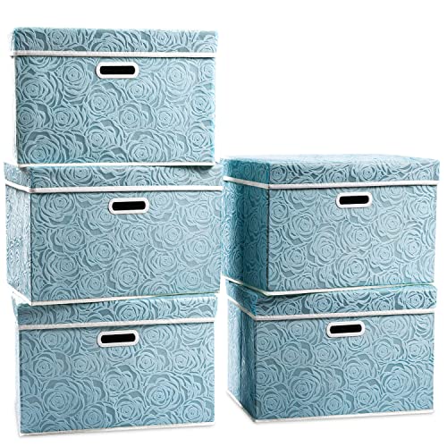PRANDOM Stackable Storage Cubes with Lids [5-Pack] Fabric Decorative Storage Box Bins Organizer Containers Baskets with Cover Handles Divider for Bedroom Closet Living Room Blue 14.9x9.8x9.8 Inch - color: Blue, size: Medium(5-Pack)