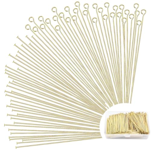 600Pcs 2 Inch Flat Head Pins Eye Pins Jewelry Pins Metal End Headpins for Craft Earring Bracelet Necklace Pendant Supplies(Gold) - color: Gold, size: 2 Inch (Flat Head + Eye)