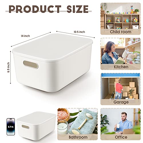 8 Pieces White Plastic Storage Bins with Lids, Stackable Storage baskets with Handle Containers Box for Shelves Drawers Desktop Playroom Classroom Office Organization(14 x 10.5 x 6.5 Inches) - size: 14 x 10.5 x 6.5 Inches