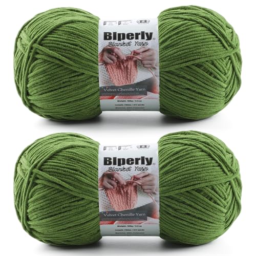Skinny Chenille Yarn for Crocheting, #2 Green Soft Baby Blanket Fluffy Yarn | 2 Pack of 314 Yds, 3.5 Oz Sport Fingering Weight Fine Yarn, Plush Thin Velvet Yarn for knitting Blankets, Amigurumi Yarns - color: Army Green