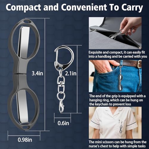 3 Pcs Folding Stainless Steel Mini Badge Scissors with 3 Keychains | Safety Foldable Pocket Travel Small Scissors All Purpose for Nurse Accessories, Travel, Office, Craft, Sewing (Gray Black) - color: Gray Black