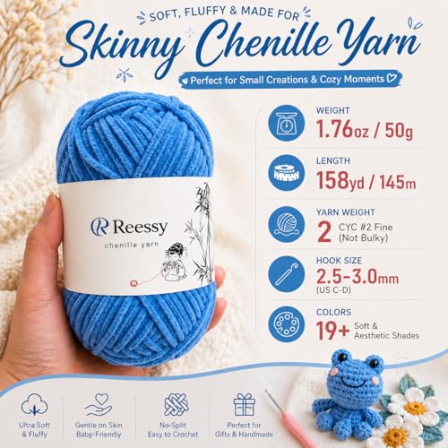 Skinny Chenille Yarn for Crocheting - 6 Pack of 50g/158yd (948yd Total) - Soft Matte Thin Chenille CYC #2 - Fine Weight Baby Yarn for Plush Toys, Baby Blankets & Small Crafts(Snow White) - color: Snow white