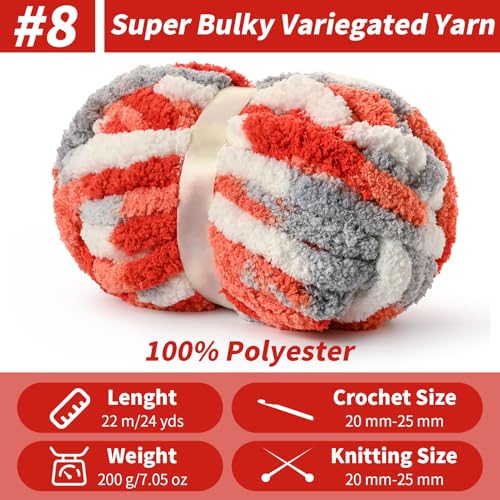 Chunky Jumbo Chenille Yarn Multicolor 10 Pack | 2000g/240yds Super Bulky Baby Soft Yarn for Hand Knitting Fluffy Chunky Knit Throw Blanket Yarn - color: White-Grey-Orange