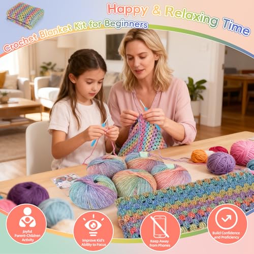 Aeelike Crochet Blanket Kit for Beginner, Easy Crochet Kits, Rainbow Gradient - color: Rainbow Gradient
