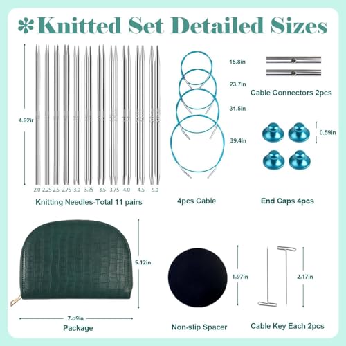 Yarniss Small Size Circular Knitting Needle with Rotating Cable 2.0~5.0mm | 11 Pair Stainless Steel Interchangeable Knitting Needles with Case,4.92-Inch Lace Knitting Needles Set - color: Green