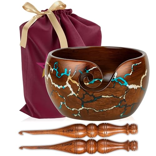 Wooden Yarn Bowl Knitting & Crochet Yarn Holder | Handcrafted Crochet Bowl with Fractal Wood Burning & Blue Resin Inlay (Blue Large 7x7x4) (Multi) - color: Multi