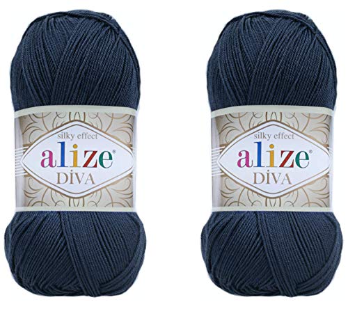 Alize Diva Microfiber Acrylic Yarn - Silk Effect Thread for Crochet & Lace Craft - 2 Skeins, 200gr, 767 yds (Navy)