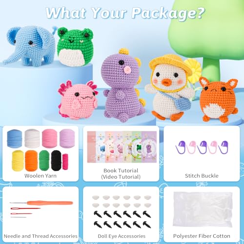 Gerute 6Pcs Crochet Kit for Beginners,Crochet Animal Kit with Step-by-Step Video Tutorial, Crocheting Kit for Starters, Beginner Crochet Kits for Adult Kid Women Men Complete Kit Included （40%+ Yarn - color: 6PCS-B