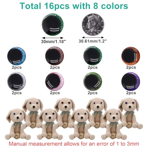 BUXIMN 16pcs 30mm Large Safety Eyes for Crocheting, Sparkling Safety Eyes for Stuffed Animals, Glitter Crochet Eyes for Animals DIY Doll Making Crafts - color: Colorful B, size: 30mm