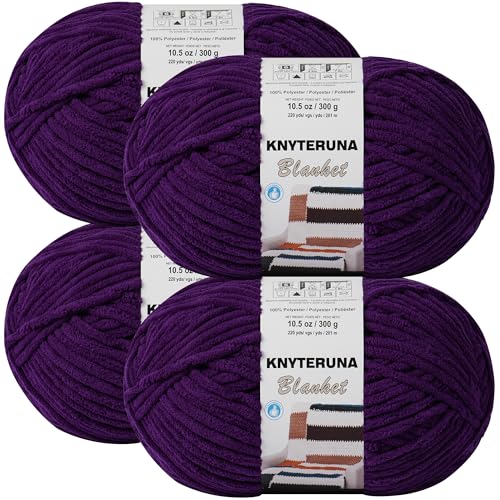 #6 Super Bulky Blanket Yarn for Crocheting - 4 Skeins(Each 10.5oz/300g, 220yds/201m), Chunky Chenille Thick Plush Big Soft Yarn for Crocheting Knitting Blankets, Dark Purple - color: Dark Purple