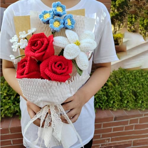 Marvogo Handmade Crochet Flower Bouquet,Crochet Flowers for Loved Ones | Crochet Flower,Crochet Rose, Bell Orchid, Tulip, Finished Artificial Flower Ideal for Lovers, Family and Friends red - color: Red