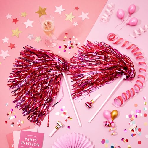 Vinsot 40 Pcs Cheerleading Pom Poms Bulk, Metallic Foil School Spirit Shakers Cheer Pom Poms with Plastic Long Handle for Soccer Basketball Sport Dance Team Squads Fan Celebration - color: Red Pink Mix