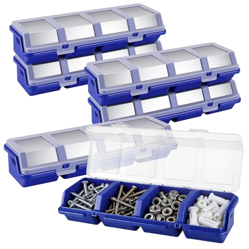 6 Pcs Screw Organizer Box with Lid, 4 Divider Compartments Tool Bin, Plastic Small Part Storage Screw Box for Garage Workbench Craft Storage Nails Bolt, Blue