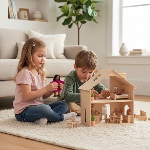 PlanToys® Girl Wooden Dollhouse Figurine Poseable 1:12 Scale 4-Inch Doll | daughter character, doll house people accessories, bendable arms, kids pretend play, storytelling learning gift ages 3+ - color: Hispanic Girl