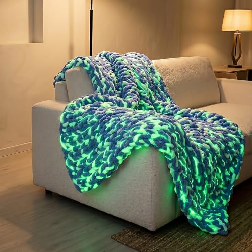 8 Pack Chunky Chenille Yarn for Hand Knitting, Glow in The Dark, Denim Blue | 8-pack jumbo chenille yarn with 1 glow-in-the-dark skein! Ultra-soft, fast to hand knit & perfect for DIY cozy gifts - color: Denim Blue