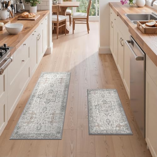 GENIMO Kitchen Rugs Set of 2, Washable Non Slip Cushioned Mats for Floor | 20"x32"&20"x59", Light Taupe Brown vintage boho rug, soft faux cashmere, easy-clean for laundry, entryway, sink, farmhouse - color: Light Taupe Brown, size: 20"x32"+20"x59"