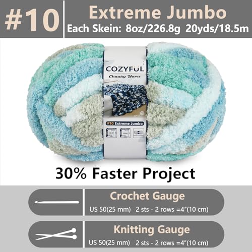 Cozyful Chunky Yarn for Hand Knitting - #10 Chunky Chenille Blanket Yarn, Jumbo Big Thick Chunky Yarns for Crocheting, Tie Dye Bulky Knit Yarns, 8 Skein (20 yds 8 oz Each Skein), Khaki & Teal & Blue - color: Khaki & Teal & Blue