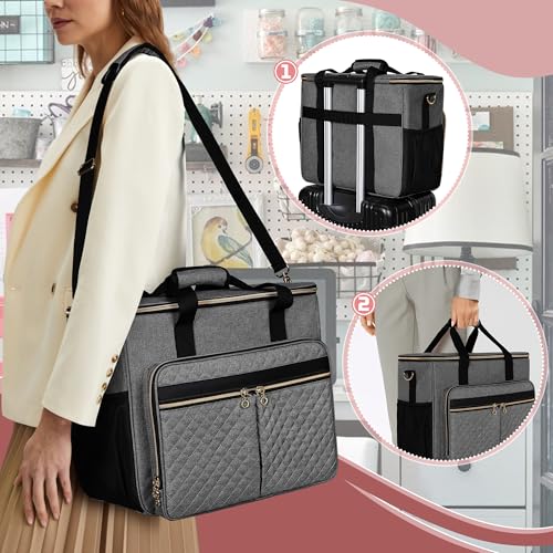 LUXJA Sewing Machine Case with Multiple Pockets, Gray | Sewing Machine Bag Compatible with Most Standard Brother, Singer, Janome, Detachable Shoulder Strap, Trolley Sleeve - color: Gray