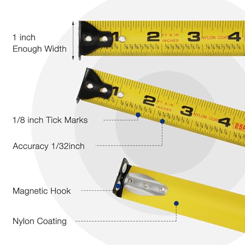 WORKPRO Pink Auto-Lock Tape Measure, 25FT 1/8 Fractions Measuring Tape | Double Retract Measurement Tape Accuracy 1/32 for Engineer,with Magnetic Hook, Rubber Protective Casing - Pink Ribbon - color: Pink, size: 25FT