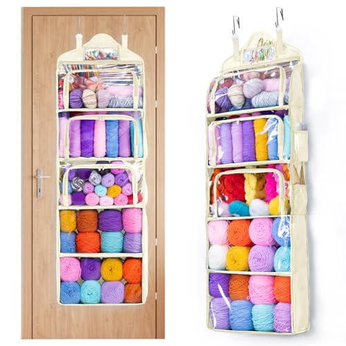 MYBAGZING Hanging Yarn Storage Organizer –Over-The-Door Crochet Organizer with Both Front and Side Zipper Closure -Large Capacity Clear Yarn Holder for Crochet Hooks, Knitting Needles & Accessories - color: Ivory