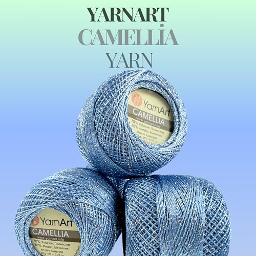 Yarnart Camellia Metallic Shimmer Fine Yarn - 70% Polyester, 30% Metallic, 192m, 20g, Crochet Thread, Lace, Embroidery, Jewelry Making, and Decorative Craft Yarn, 1.25mm Hook (Blue, 20g Skein) - color: Blue, size: 20g Skein