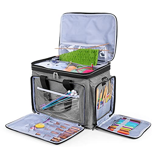 LUXJA Portable Yarn Knitting Storage Tote Bag,Gray | Fits Knitting/Circular Needles Up to 14 Inches, Yarn Bag With Cover & Shoulder Strap for Crochet Hooks & Craft Accessories - color: Gray