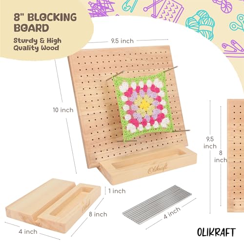 Olikraft Granny Square Blocking Board (9.5 Inch, 15 Pins, Stand) | Durable rubberwood build, evenly spaced 0.5 inch holes for perfect tension, secure hold from rust-resistant stainless steel - size: 9.5 inches, style: Standard - 15 pins