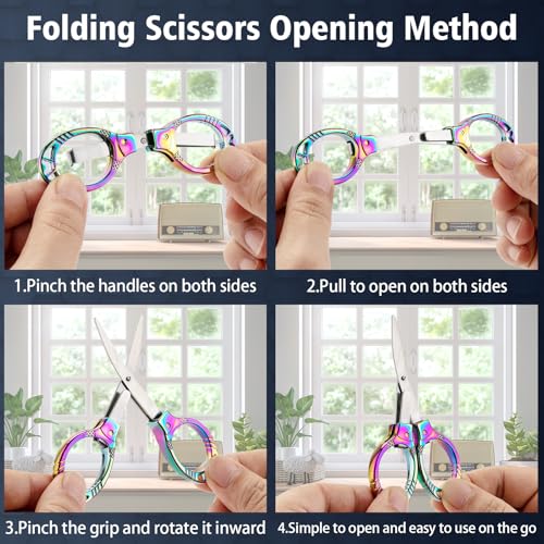 NAHSHON 4 Pcs Folding Stainless Steel Portable Mini Travel Badge Scissors | Foldable Safety Pocket Small Scissors All Purpose for Nurse Accessories, Travel, Office, Craft, Sewing, Home, School (Color) - color: Colorful