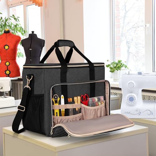 LUXJA Sewing Machine Case with Multiple Pockets, Black | Sewing Machine Bag Compatible with Most Standard Brother, Singer, Janome, Detachable Shoulder Strap, Trolley Sleeve - color: Black