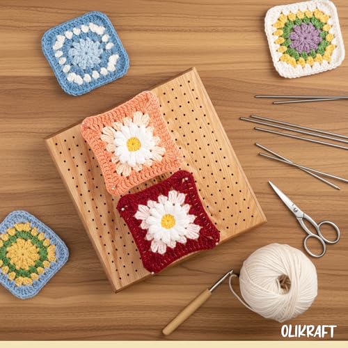 Olikraft Granny Square Blocking Board (12.5 Inch, 50 Pins) | Durable wood build, evenly spaced 0.5 inch holes for perfect tension, secure hold from rust-resistant stainless steel - size: 12.5 inches, style: Premium - 50 pins