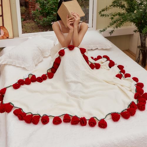 vctops Flower Bouquet Knitted Throw Blanket, Cute Roses Bouquets Handmade Crochet Round Blankets, Red Roses Soft Small Throws Gifts for Girls, Women, Wife (Red,Diameter 43") - color: Red, size: Kids,Diameter 43"