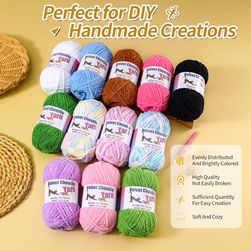 Fluffy Chenille Yarn for Crocheting, Chunky Velvet Yarn for Crochet Amigurumi, Used for Making Baby Yarns Blanket, Clothes, Pattern Knitting Creations (1-Yellow) - color: 1-Yellow