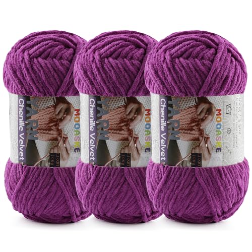Mooaske Chenille Yarn for Crocheting, 300g/393yds Fluffy Baby Blanket Yarn | Soft plush thick chenille yarn for crocheting. 300g/393yd total. Ideal for baby blankets, amigurumi, scarves & home decor. - color: Violet