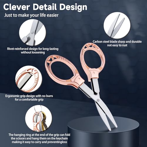 NAHSHON 4 Pcs Folding Stainless Steel Portable Mini Travel Badge Scissors | Foldable Safety Pocket Small Scissors All Purpose for Nurse Accessories, Travel, Office, Craft, Sewing, School (Rose Gold) - color: Rose Gold