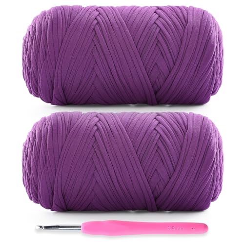 2 Pack Soft T-Shirt Yarn for Crochet, T Shirt Yarns for Crocheting Crafts, Bags, Basket, Coaster, Tshirt Yarns - 800 G/260 Yds with 1 Crochet Hook (2, Violet) - color: Violet