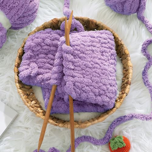 HOMBYS Purple Chunky Chenille Yarn for Hand Knitting,Fluffy Soft Jumbo Yarn Crocheting,Super Bulky Big Yarn for Chunky Blanket,Large Thick Arm Knitting Yarn,8 Pack Plush Yarn - color: Purple
